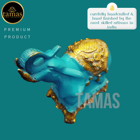 Tamas Brass Handcrafted Ethnic Elephant Showpiece Trunk Up Statue / Idol with Antique Finish (Golden & Blue) (Pack of 1)